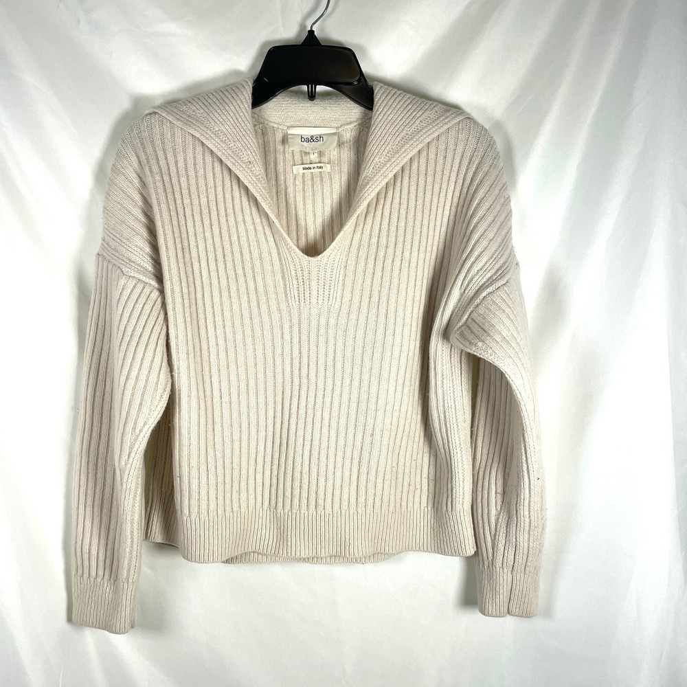 Ba&sh 1 Ivory Wool Cashmere Knit Pullover Sweater Jumper S Large Collar V-neck